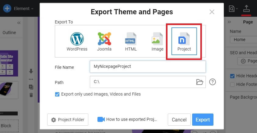 Nicepage Export options