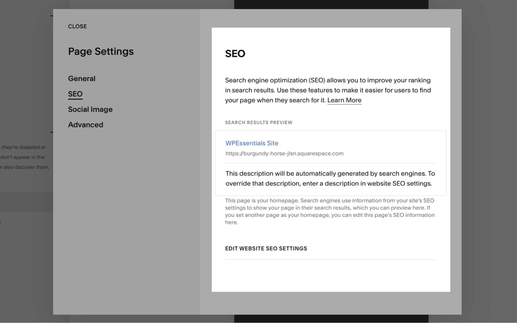 Squarespace Page SEO Settings